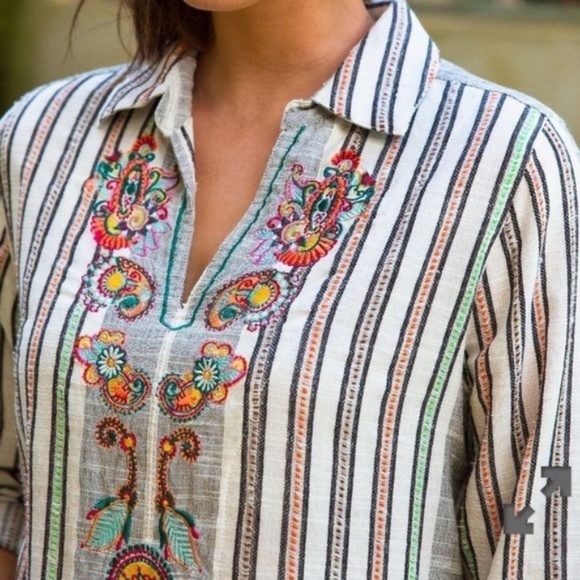 SOFT Surroundings Aruba Embroidered Pullover Tunic Top Rainbow Stripe Sz Medium - Picture 2 of 14